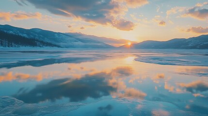 Fototapeta premium Transparent blue ice on the lake at sunset. Beautiful ice floe close-up. The mountains and sky are reflected in the mirror ice. 