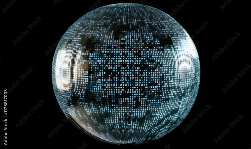 Poster a stunning digital sphere representing binary code and technological innovation in data