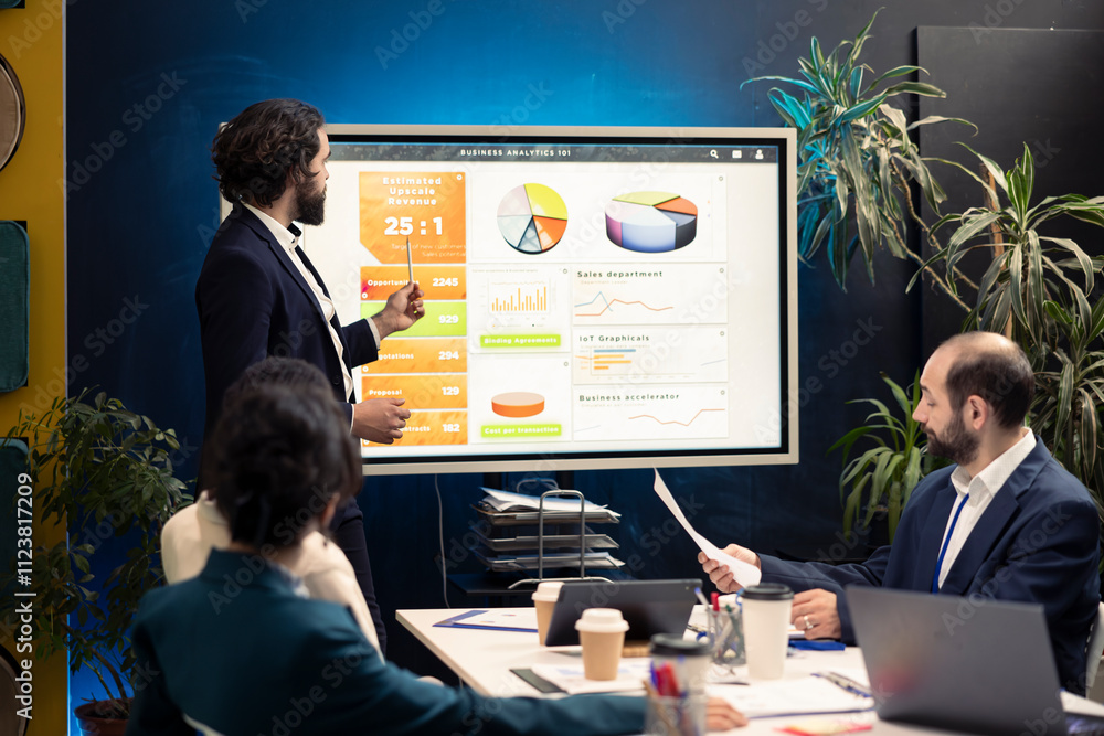 Poster general director showing statistics data on interactive board in a conference, briefing meeting with