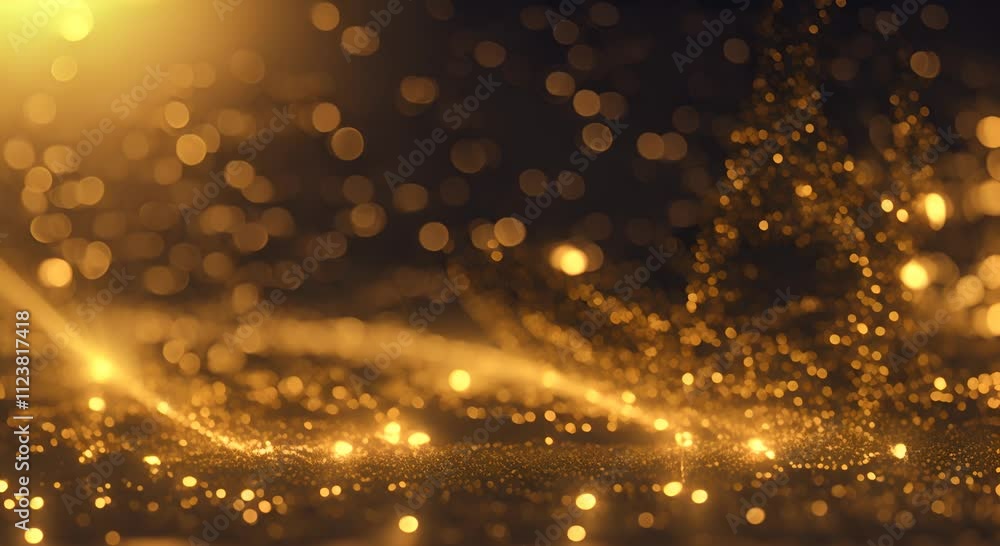 Poster Golden particles falling creating bokeh effect 4K