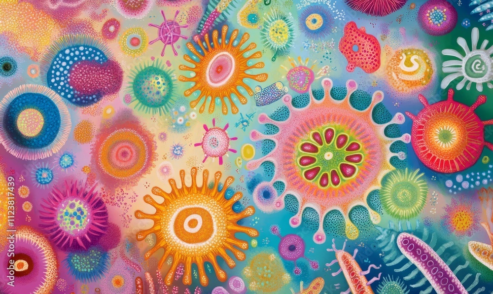 Aufkleber a vibrant, microscopic view of various bacteria and viruses in a colorful, dynamic array set against