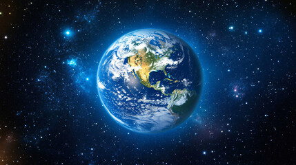 Obraz premium A view of Earth from space, illuminated by the sun with stars sparkling in the distance.