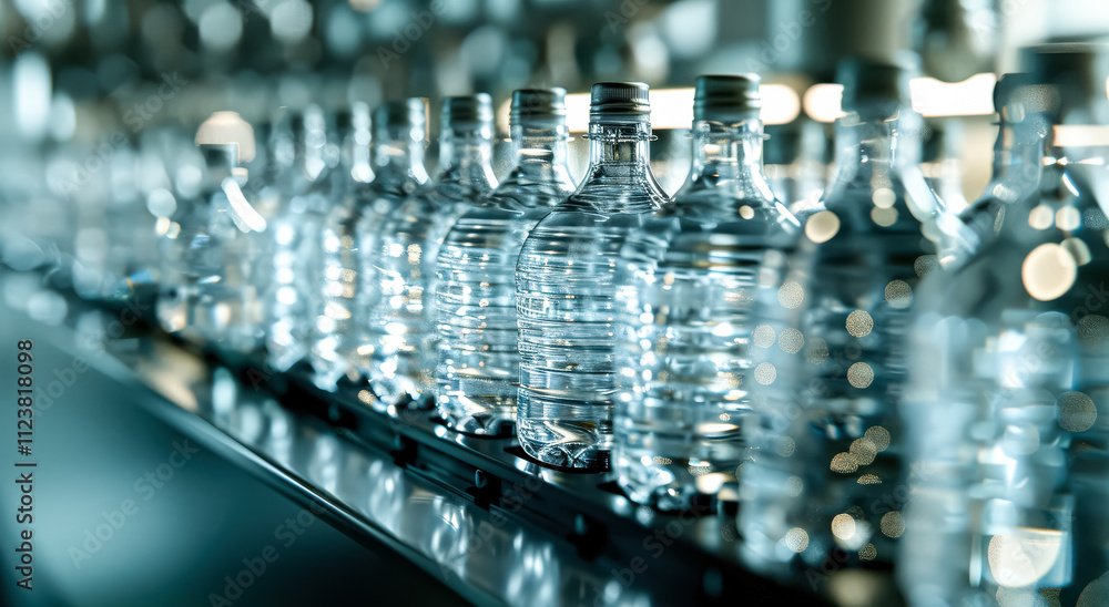 Poster bottles of water on a conveyor belt. the bottles are clear and are lined up in a row