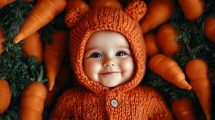 Cute baby wearing an orange crocheted coat with a hood, surrounded by plush carrots