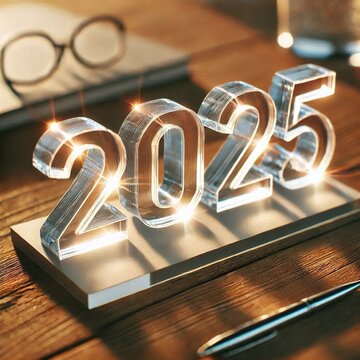 Auf einem Schreibtisch steht die Jahreszahl 2025 in Glasform auf einem festen Untergrund