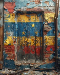 Weathered Door Displaying Vibrant Venezuelan Flag Colors with Peeling Paint and Rustic Brick Wall in Abandoned Urban Setting