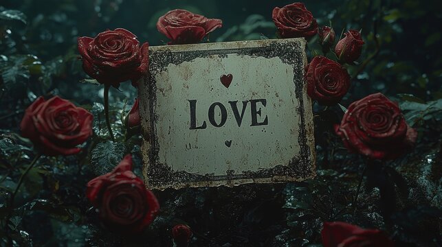 Romantic love sign surrounded by red roses in a mystical garden