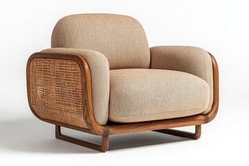 Fototapeta premium Beige fabric armchair with woven rattan sides and wooden frame on white background.