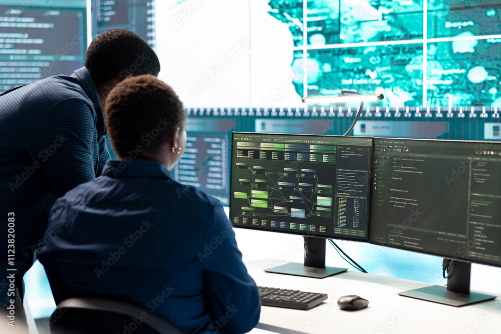 Poster cyber investigation team working in a governmental hacking room, working on computer security and ph