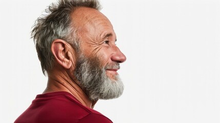 Obraz premium A confident middleaged man stands relaxed in a casual tshirt, smiling naturally against a clean white backdrop.