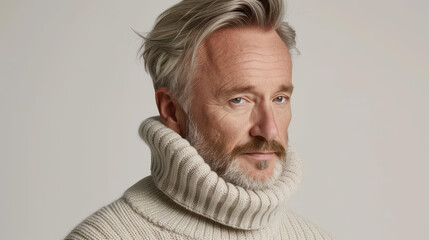 Obraz premium A relaxed profile of a middleaged man in a cozy sweater exuding confidence and charm with a warm smile.