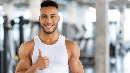 Fototapeta premium Energetic fitness instructor smiles and gives a thumbs up, ready to motivate you on your fitness journey in the gym.