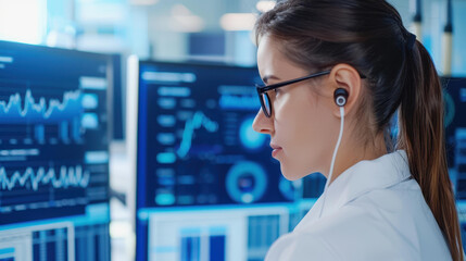 Professional stats experts work on dual screens, diving into data graphics for precise analysis and insights.