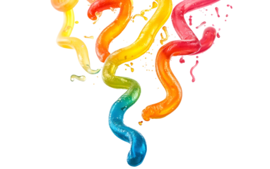 Falling gummy worms, colorful and vibrant