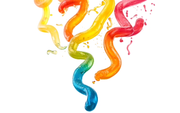 Falling gummy worms, colorful and vibrant