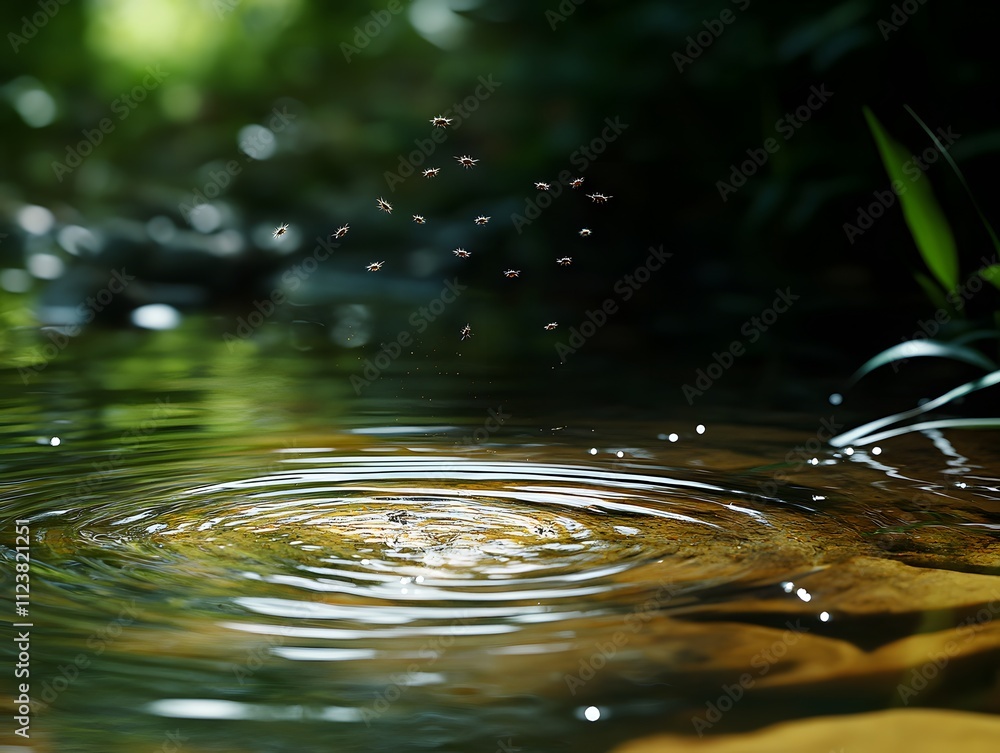 Poster a serene water scene with ripples and insects hovering above a calm surface.