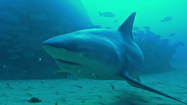 An ultra-slow-motion shot of a massive bull shark (Carcharhinus leucas) approaching the camera before avoiding it. Filmed in Cabo Pulmo, Mexico. Check my portfolio.