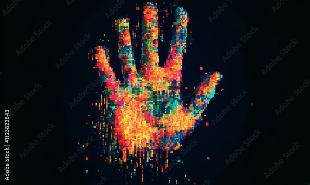 Poster digital glitch effect on colorful hand print with pixelated style