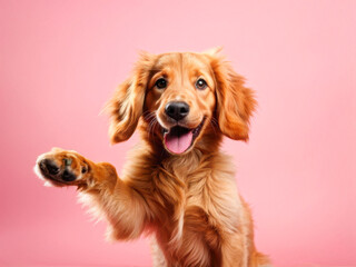 Fototapeta premium A friendly golden retriever puppy playfully raising its paw against a pastel pink background. Ideal for pet lovers, advertising, or playful themes. Generative AI