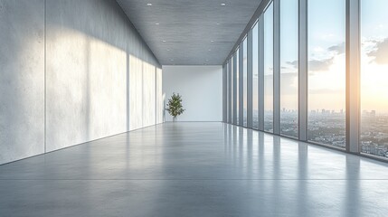 Fototapeta premium Modern empty room with large windows and a single plant.