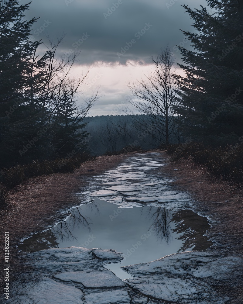 Aufkleber a serene pathway through a forest, reflecting the sky and trees in a puddle.