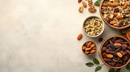 Dried fruit and nuts trail mix composition background 