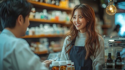 Young woman smiling while engaging with a barista in a cozy café setting filled with jars and bottles, creating a warm and inviting atmosphere for coffee lovers