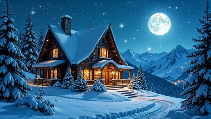 Fototapeta premium A small wooden house stands on top of a snow-covered cliff high in the mountains. Glowing light coming from the windows. Full moon in the starry sky. Winter mountain landscape
