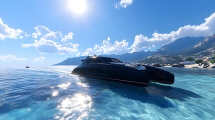A sleek yacht gliding through clear waters under a bright sun with mountains in the background.