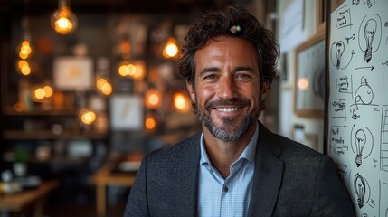Fototapeta premium Confident businessman smiling in cozy office environment with illuminated bulbs, motivational sketches, and modern decor showcasing creativity and professionalism.