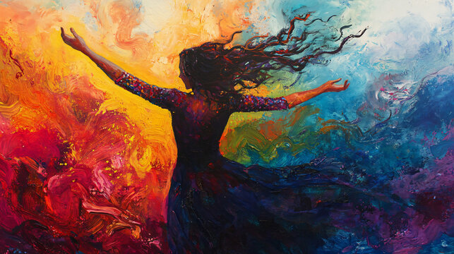 A woman dances in an explosion of colors, celebrating her joy and expressing her inner freedom.