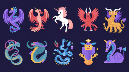 Obraz premium Mythical Creatures Collection Dragons, Unicorns, and More