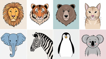 Obraz premium Animal Heads Illustration Set Lion, Tiger, Bear, Cat, Elephant, Zebra, Penguin, Koala