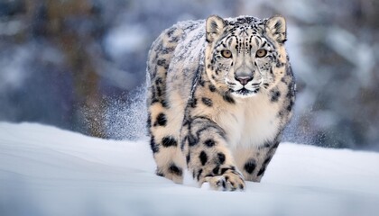 Fototapeta premium A snow leopard walking through a snowy landscape, focused and majestic against a blurred natural background
