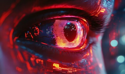 Futuristic robotic eye with digital circuitry and neon glow. Concept of technology, artificial intelligence, and cybernetics
