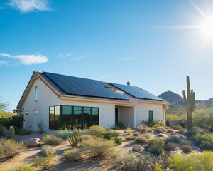Fototapeta premium Modern Solar Panels Installed on a Las Vegas Nevada Home Under Clear Blue Sunny Sky, Solar Photography, Solar Powered Clean Energy, Sustainable Resources, Electricity Source