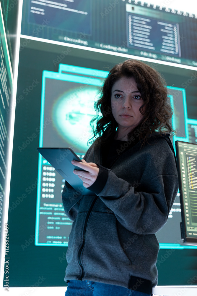 Aufkleber female hacker breaching network security with advanced techniques, cyber defense in action. it exper