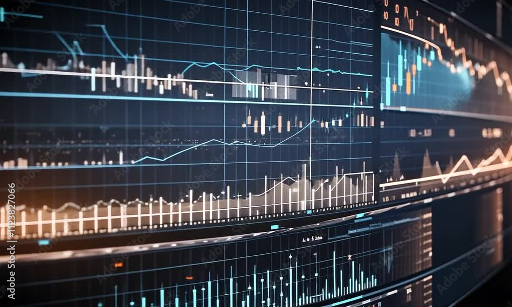 Poster abstract visualization of financial data and market trends on a curved screen