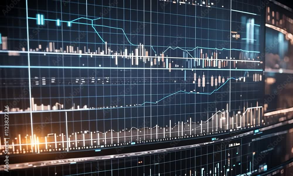 Poster abstract digital display showing financial data charts and graphs.