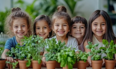 Group of smiling children engaging in greenhouse planting activities under supervision, showcasing teamwork and environmental education, Concept of growth, learning, and sustainability.