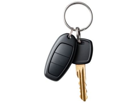 Car Key and Remote Key Fob on Keychain Isolated on White Background
