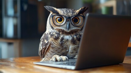 Business owl with glasses working at laptop composition background