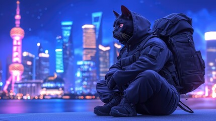 Fototapeta premium Adventurous cat in hoodie shanghai skyline digital art nighttime unique perspective urban fantasy concept