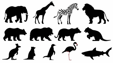 Obraz premium Silhouettes of Diverse Animals Elephant, Giraffe, Zebra