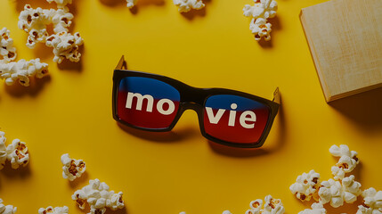 Abstract image of viewer, 3D glasses and popcorn, text "movie" on yellow background.