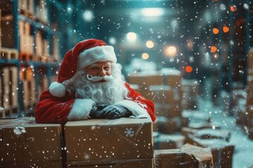 Santa claus leaning on boxes in a warehouse during a snowfall