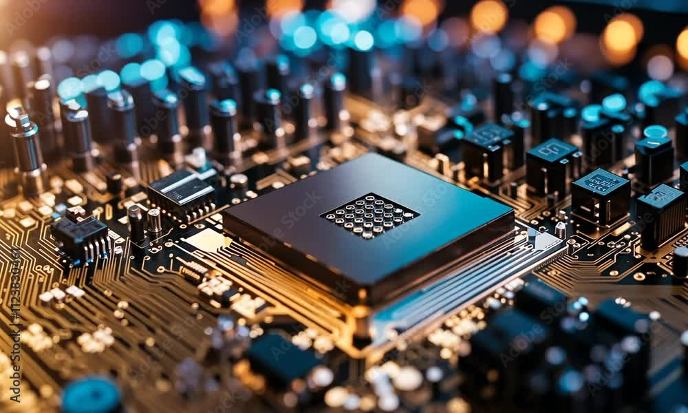 Poster close-up of a cpu on a motherboard with circuitry and components