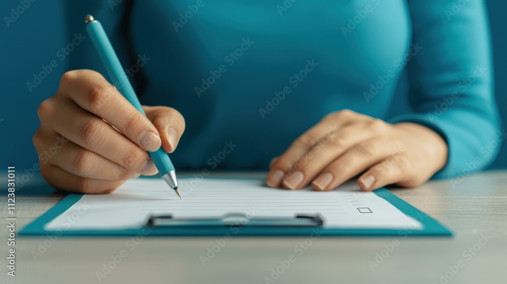Poster a businessman completes an online survey using a tablet, ensuring every item on his checklist is tic