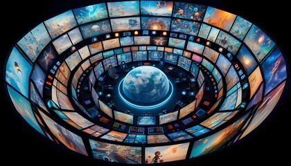 Futuristic Monitoring Station with Robotic Arms and Neon Lights