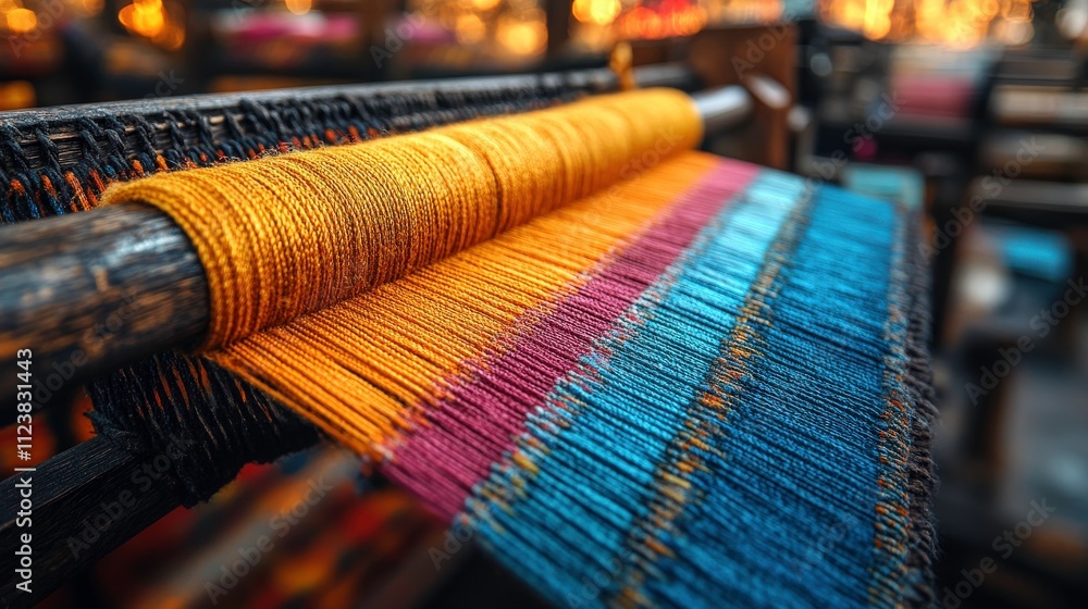 Poster vibrant close-up of colorful threads on a traditional loom, showcasing the art of weaving with vivid